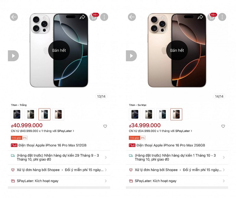 mẫu iPhone 16 Pro Max màu Titan sa mạc (Desert Titanium) 256 GB trên cửa hàng chính thức của Apple trên Shopee đang trong tình trạng hết hàng. Ảnh: Hà Anh/555win Login.