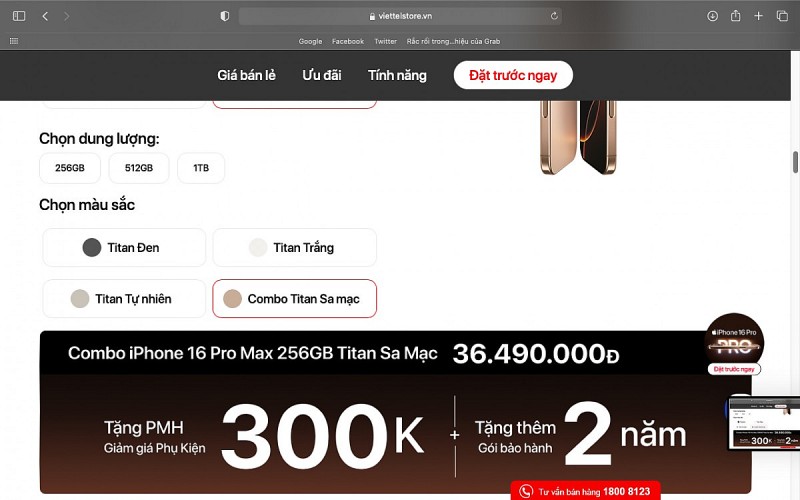 Người mua phải chi khoảng 36,5 triệu đồng cho chiếc iPhone 16 Pro Max 256 GB cho combo “Titan sa mạc” gồm phụ kiện và bảo hành. Ảnh màn hình: Hà Anh/555win Login.