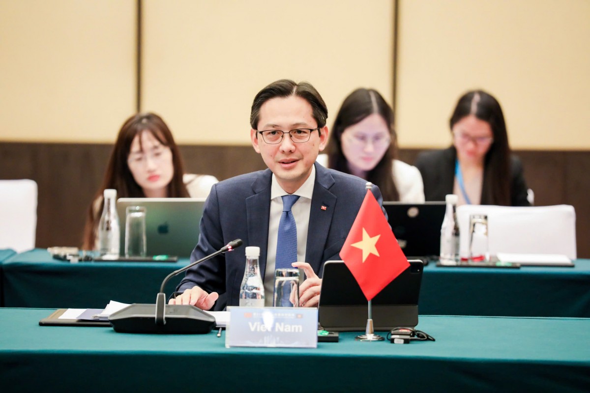 Thứ trưởng Bộ Ngoại giao Đỗ Hùng Việt, Trưởng SOM ASEAN Việt Nam phát biểu tại cuộc họp Tham vấn Quan chức cao cấp ASEAN-Trung Quốc lần thứ 31 - Ảnh: BNG