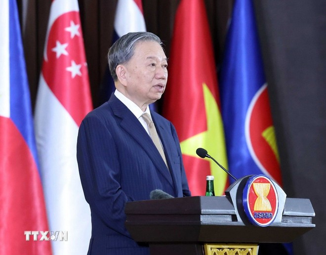 Tổng Bí thư Tô Lâm phát biểu tại Trụ sở Ban Thư ký ASEAN. Ảnh: TTXVN.