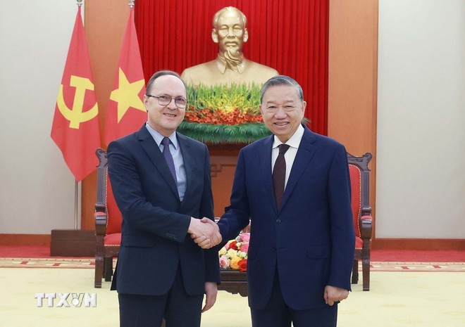 Tổng Bí thư Tô Lâm tiếp Đại sứ Liên bang Nga tại Việt Nam Gennady Bezdetko. Ảnh: TTXVN.