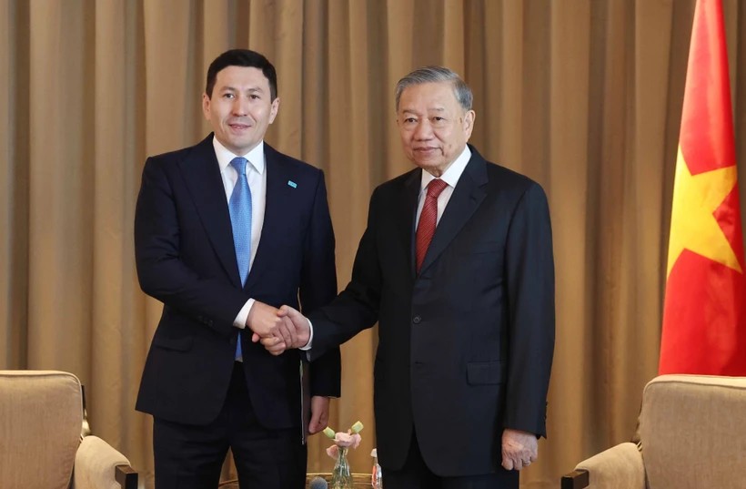 Tổng Bí thư Tô Lâm tiếp Tổng Giám đốc Quỹ đầu tư Quốc gia Kazakhstan Samruk-Kazyna Nurlan Zhakupov. Ảnh: TTXVN.