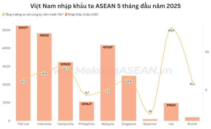 Nhập siêu từ ASEAN tăng vọt 67% trong 5 tháng đầu năm 2025