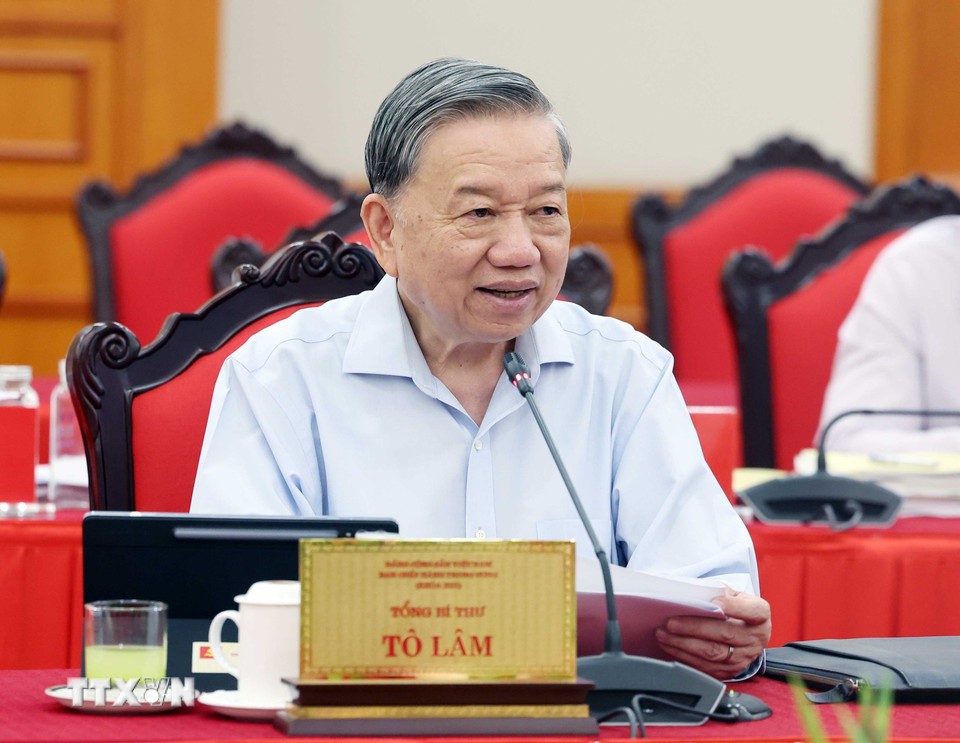 Tổng Bí thư cho ý kiến tại buổi làm việc. Ảnh: TTXVN.