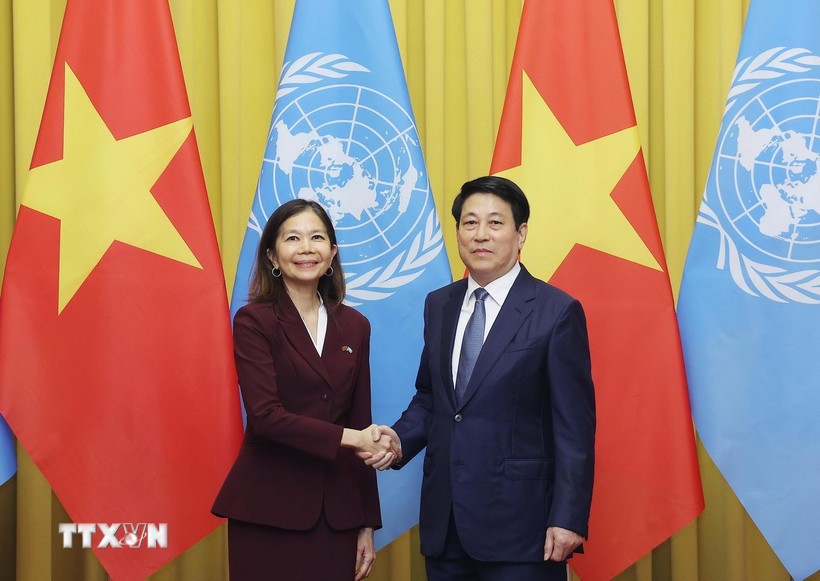 Chủ tịch nước Lương Cường tiếp bà Pauline Tamesis, Điều phối viên Thường trú Liên hợp quốc tại Việt Nam. Ảnh: TTXVN.