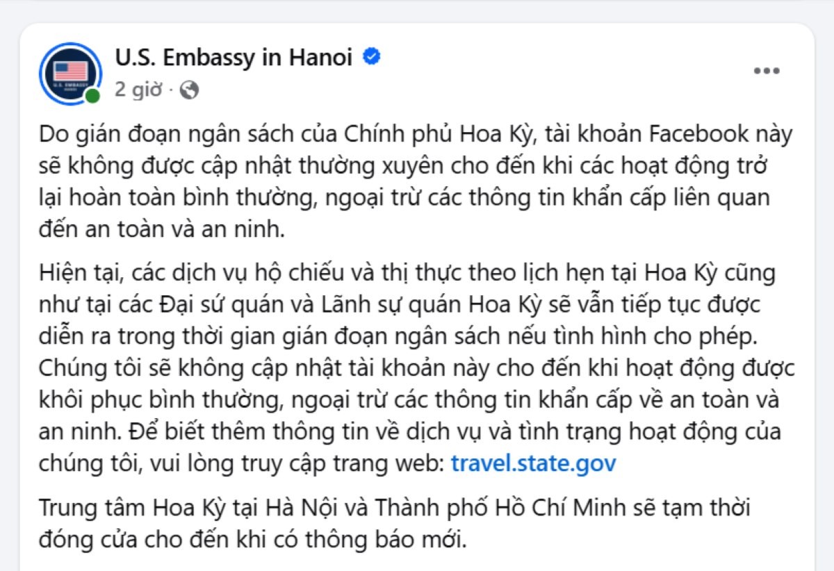 Đại sứ quán Mỹ tại Việt Nam ra thông báo sau khi Chính phủ Mỹ đóng cửa