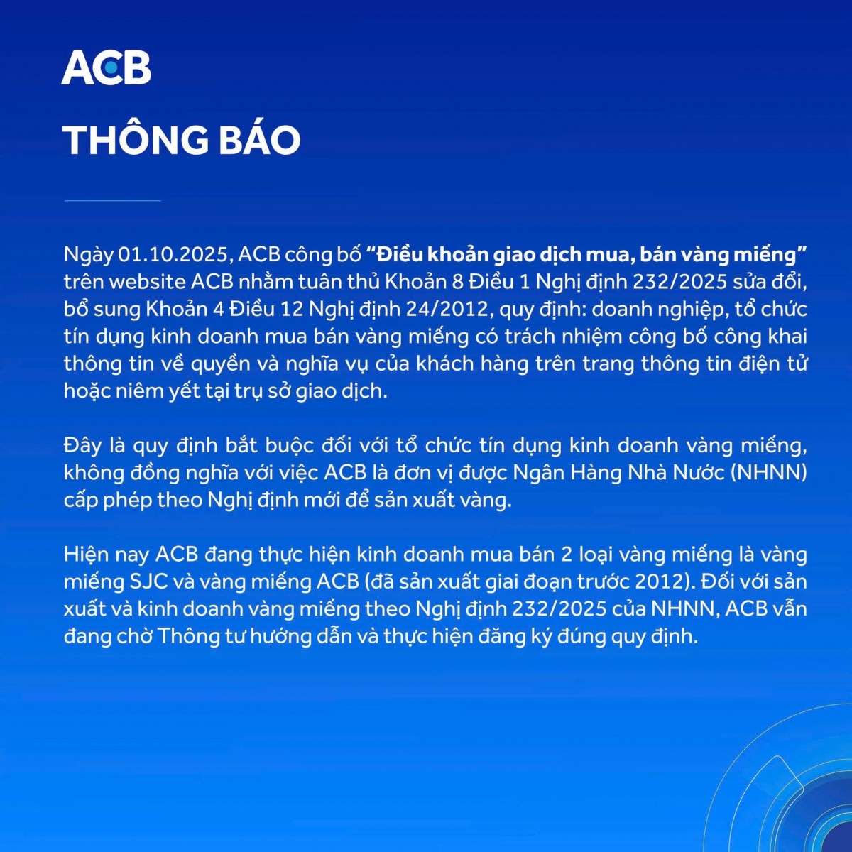 ACB lên tiếng về thông tin sản xuất vàng theo nghị định mới