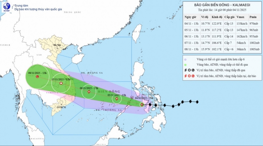 Bão Kalmaegi mạnh lên cấp 13, dự báo sáng mai đi vào Biển Đông