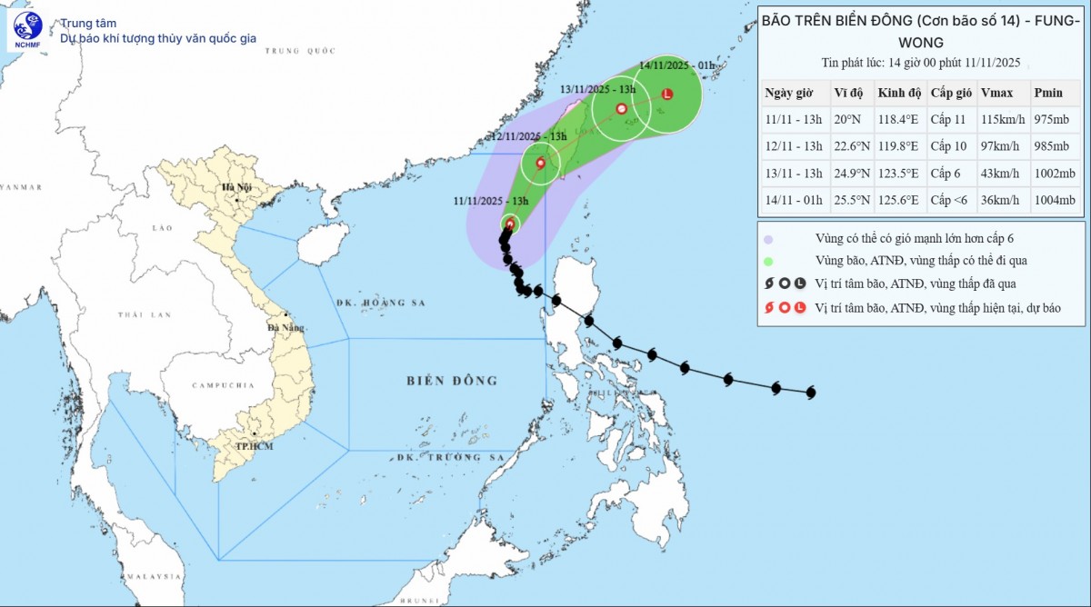 Hướng đi của bão số 14 hồi 14h ngày 11/11. Ảnh: Trung tâm Dự báo Khí tượng Thủy văn quốc gia.