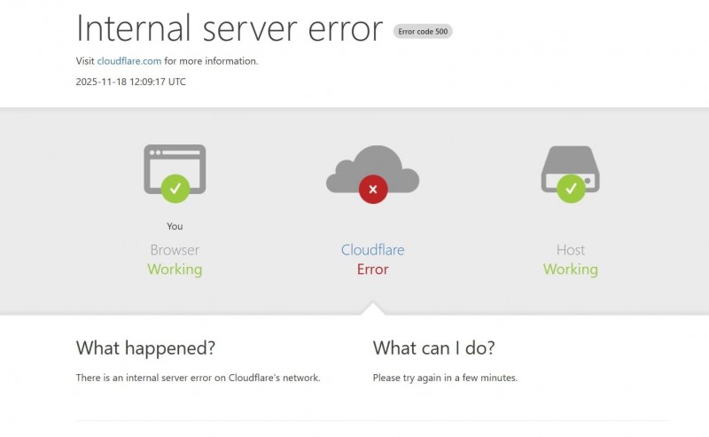 sự cố kỹ thuật từ Cloudflare đã gây ra gián đoạn nhiều trang web và dịch vụ internet quy mô lớn trên toàn cầu. Ảnh màn hình.