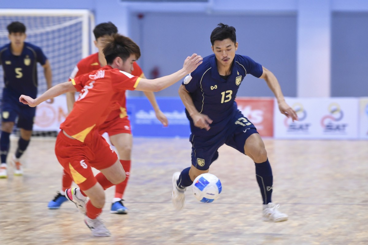Tuyển futsal Thái Lan ghi được hai bàn thắng trong hiệp đầu tiên. Ảnh: FA Thailand.