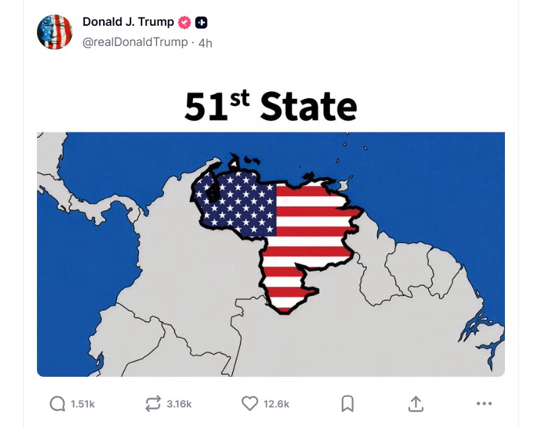 Ông Trump đăng ảnh ám chỉ Venezuela ‘là bang thứ 51’ của Mỹ