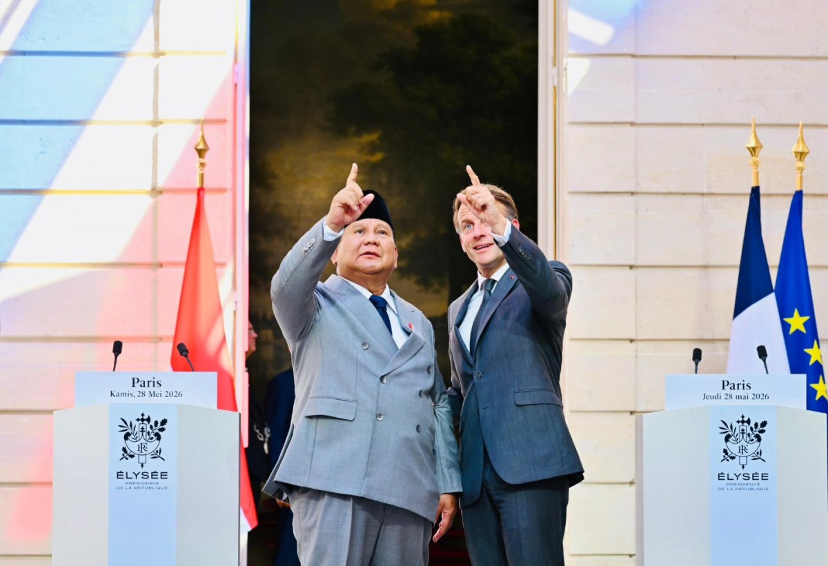 Ông Prabowo Subianto và ông Emmanuel Macron tại Điện Élysée ở thủ đô Paris ngày 28/5. Ảnh: Văn phòng Nội các Indonesia