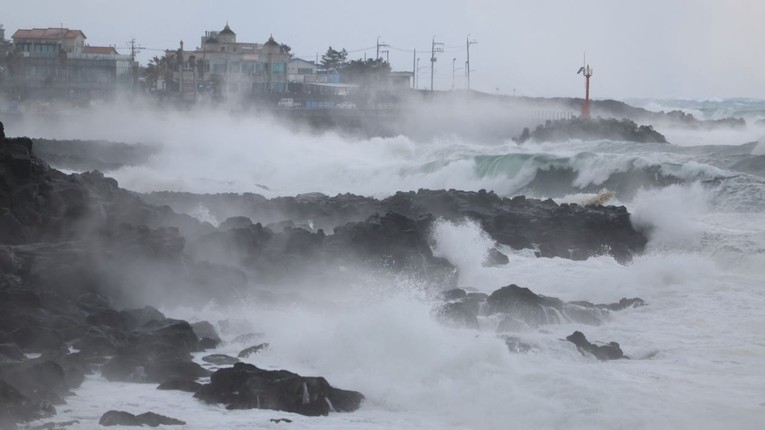 S&oacute;ng cao do b&atilde;o tuyết ở đảo Jeju, H&agrave;n Quốc, ng&agrave;y 24/1. Ảnh: CNN