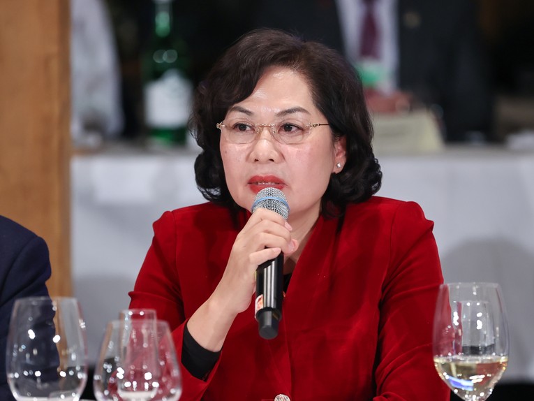 Thống đốc NHNN Nguyễn Thị Hồng th&ocirc;ng tin tới c&aacute;c đại biểu về tỷ lệ sở hữu của nh&agrave; đầu tư nước ngo&agrave;i với tổ chức t&iacute;n dụng tại Việt Nam. Ảnh: VGP