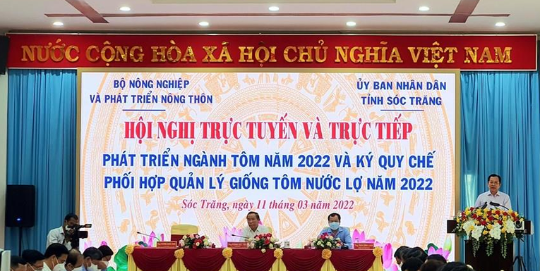 Hội nghị &ldquo;Ph&aacute;t triển ng&agrave;nh t&ocirc;m năm 2022 v&agrave; k&yacute; quy chế phối hợp quản l&yacute; giống t&ocirc;m nước lợ năm 2022&rdquo; s&aacute;ng 11/3. Ảnh: TTXVN.