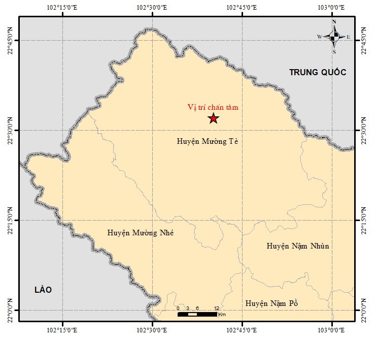 Vị tr&iacute; t&acirc;m chấn trận động đất tại Mường T&egrave;, Lai Ch&acirc;u s&aacute;ng 3/3. Ảnh: Viện Vật l&yacute; địa cầu