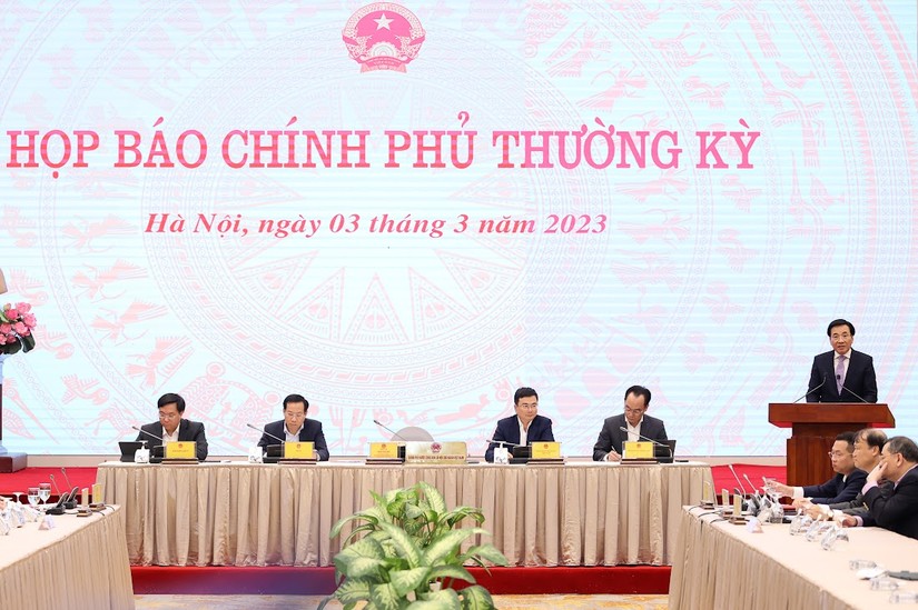 Họp b&aacute;o Ch&iacute;nh phủ thường kỳ th&aacute;ng 3/2023. Ảnh: VGP