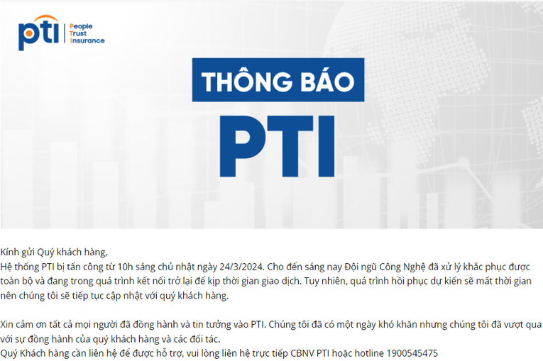 Th&ocirc;ng b&aacute;o của PTI về sự cố hệ thống.
