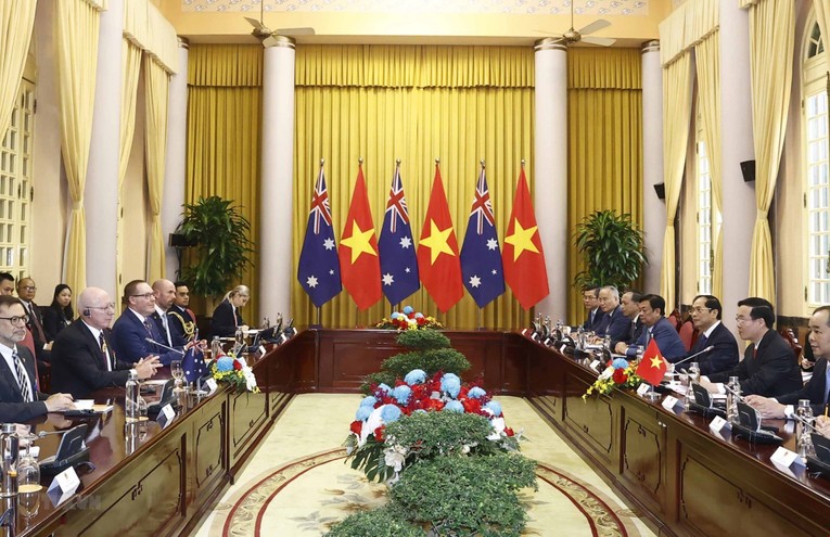 Hai nh&agrave; l&atilde;nh đạo đ&atilde; c&ugrave;ng thảo luận s&acirc;u rộng về c&aacute;c định hướng lớn để tăng cường quan hệ Việt Nam - Australia tr&ecirc;n c&aacute;c lĩnh vực. Ảnh: TTXVN
