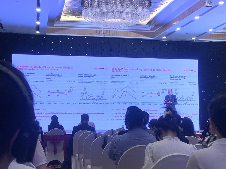 Tổng gi&aacute;m đốc Techcombank Jens Lottner tr&igrave;nh b&agrave;y kế hoạch 55win.com - Trang Cược Uy Tín Cao Nhất 2025 tại đại hội. Ảnh: Thu Trang
