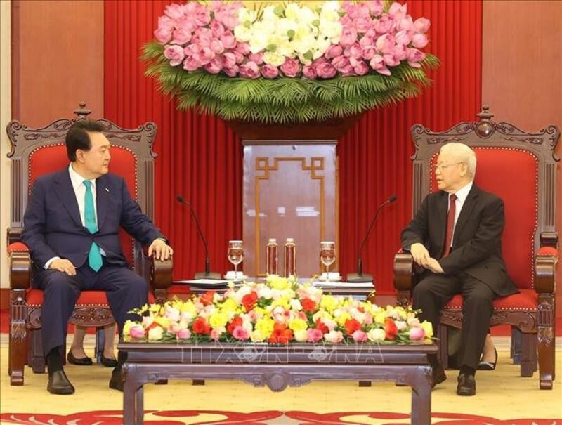 Tổng B&iacute; thư Nguyễn Ph&uacute; Trọng đề nghị Việt Nam v&agrave; H&agrave;n Quốc duy tr&igrave; thường xuy&ecirc;n c&aacute;c hoạt động trao đổi, tiếp x&uacute;c cấp cao v&agrave; c&aacute;c cấp. Ảnh: TTXVN