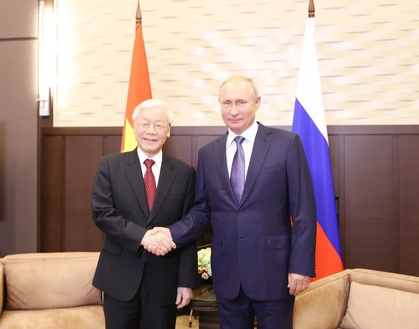 Tổng B&iacute; thư Nguyễn Ph&uacute; Trọng hội đ&agrave;m với Tổng thống Nga Vladimir Putin trong chuyến thăm ch&iacute;nh thức Nga, năm 2018. Ảnh: TTXVN