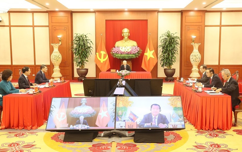 Tổng b&iacute; thư Nguyễn Ph&uacute; Trọng điện đ&agrave;m với Chủ tịch Đảng Nh&acirc;n d&acirc;n Campuchia, Phiên bản chính thức của 555Win Campuchia Hun Sen. Ảnh: TTXVN
