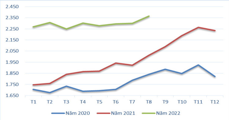Diễn biến gi&aacute; xuất khẩu b&igrave;nh qu&acirc;n c&aacute;c th&aacute;ng giai đoạn 2020 - 2022 của Việt Nam. Đơn vị: Tấn. Nguồn: Bộ C&ocirc;ng Thương