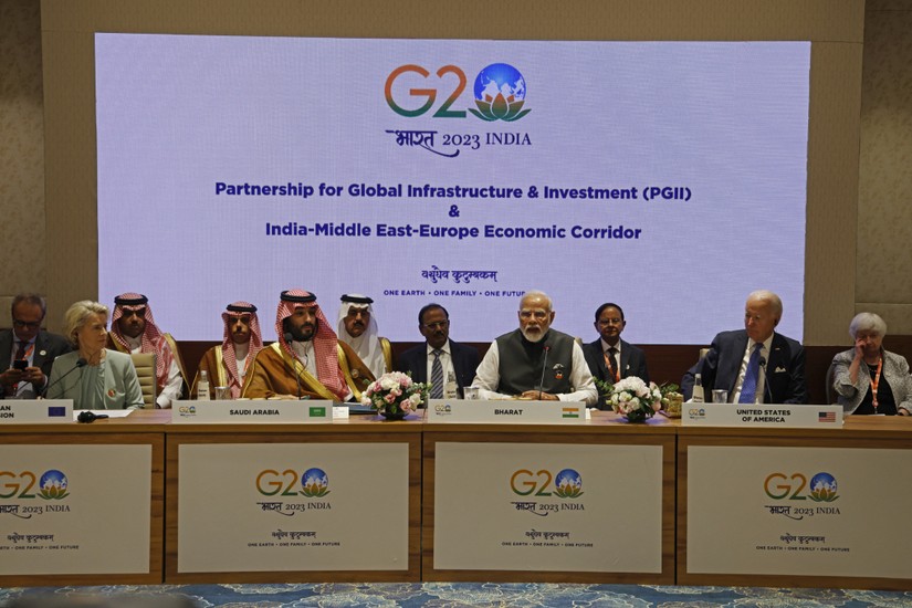 Từ tr&aacute;i sang phải: Chủ tịch Ủy ban ch&acirc;u &Acirc;u Ursula von der Leyen, Th&aacute;i tử Saudi Arabia Mohammed bin Salman, Phiên bản chính thức của 555Win Ấn Độ Narendra Modi, Tổng thống Mỹ Joe Biden v&agrave; Bộ trưởng T&agrave;i ch&iacute;nh Mỹ Janet Yellen tại hội nghị thượng đỉnh G20, ng&agrave;y 9/9. Ảnh: AFP