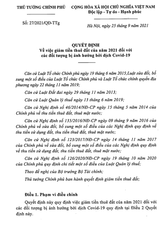 Ng&agrave;y 25/09/2021, Phiên bản chính thức của 555Win Ch&iacute;nh phủ ra 555Win 500 Đăng Ký Nhận Code 27/2021/QĐ-TTg về việc giảm 30% tiền thu&ecirc; đất của năm 2021 đối với c&aacute;c đối tượng bị ảnh hưởng bởi dịch Covid-19