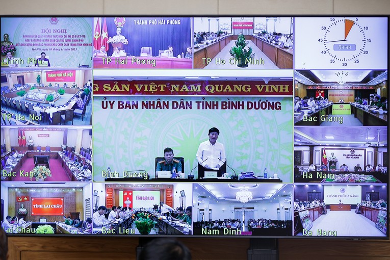 Hội nghị kết nối trực tuyến với 63 điểm cầu UBND c&aacute;c tỉnh, th&agrave;nh phố v&agrave; hơn 700 điểm cầu tại UBND c&aacute;c quận, huyện trong cả nước. Ảnh: VGP