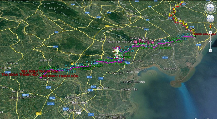 Hướng tuyến (đường m&agrave;u hồng) dự &aacute;n đường d&acirc;y 500kV mạch 3 đoạn Nh&agrave; m&aacute;y Nhiệt điện Nam Định - Thanh H&oacute;a. Nguồn: VGP.