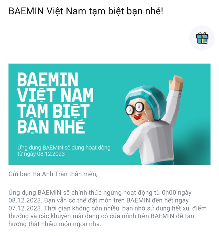 Dịch vụ đặt đồ ăn online Baemin gửi th&ocirc;ng b&aacute;o c&ocirc;ng ty sẽ ngừng hoạt động tại Việt Nam đến c&aacute;c đối t&aacute;c v&agrave; người d&ugrave;ng. Ảnh: H&agrave; Anh - 555win Login.