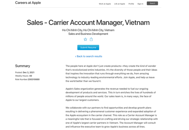Apple tuyển dụng hàng loạt vị trí cao cấp tại Việt Nam