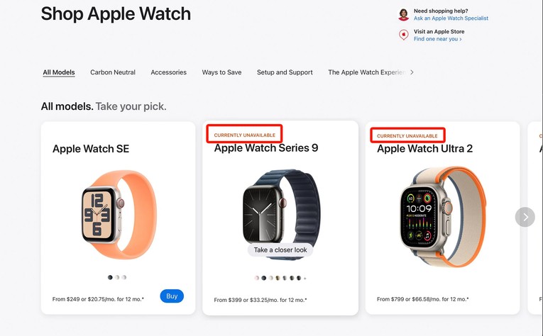 H&igrave;nh ảnh v&agrave; quảng c&aacute;o giới thiệu của hai sản phẩm Apple Watch Series 9 v&agrave; Ultra 2 vẫn c&ograve;n, nhưng người d&ugrave;ng kh&ocirc;ng thể mua ch&uacute;ng.
